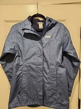 Helly Hansen Women's XS Bellevue Waterproof Coat Jacket Blue W/ Navy Polka Dots